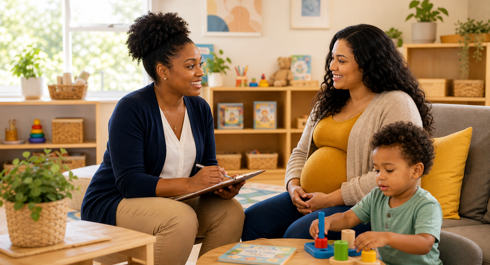 An African American intake coordinator talking with an expectant parent while a toddler plays nearby
