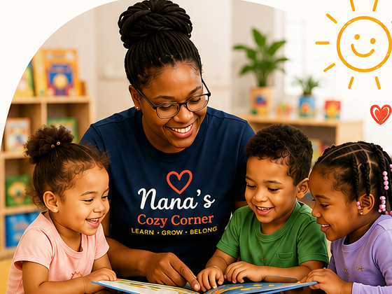 Nana’s Cozy Corner brand artwork showing shared story time