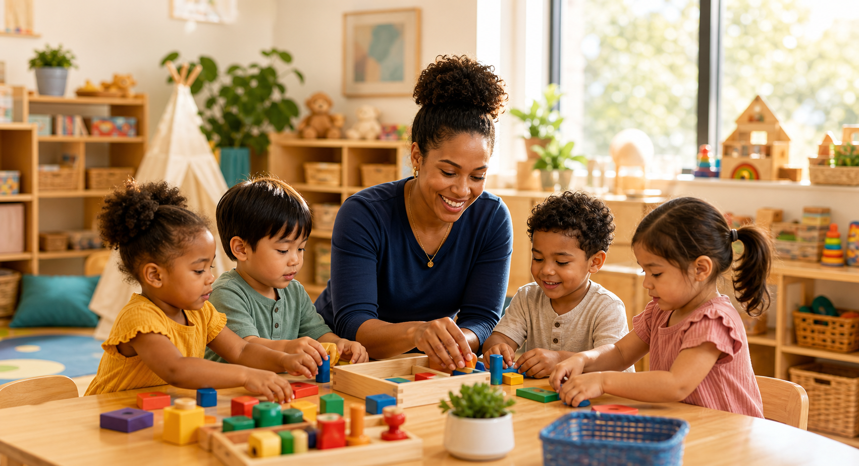 A teacher guiding young children through hands-on learning in a warm classroom